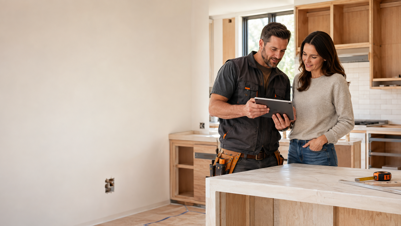 Contractor and homeowner planning a kitchen renovation